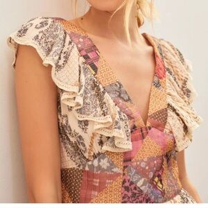 Anthropologie Let Me Be Quilted Patchwork V-Neck Ruffle Dress Sz XS
